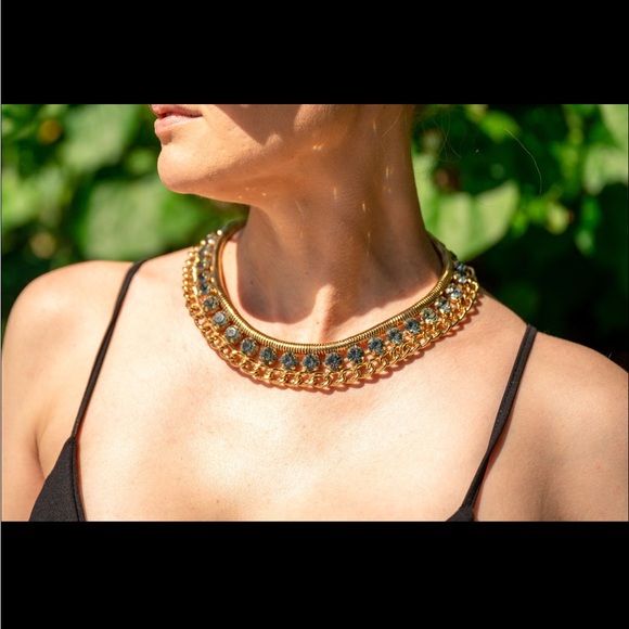 Peep Toe Statement Choker in Metallic Gold and Light Blue - Picture 3 of 6